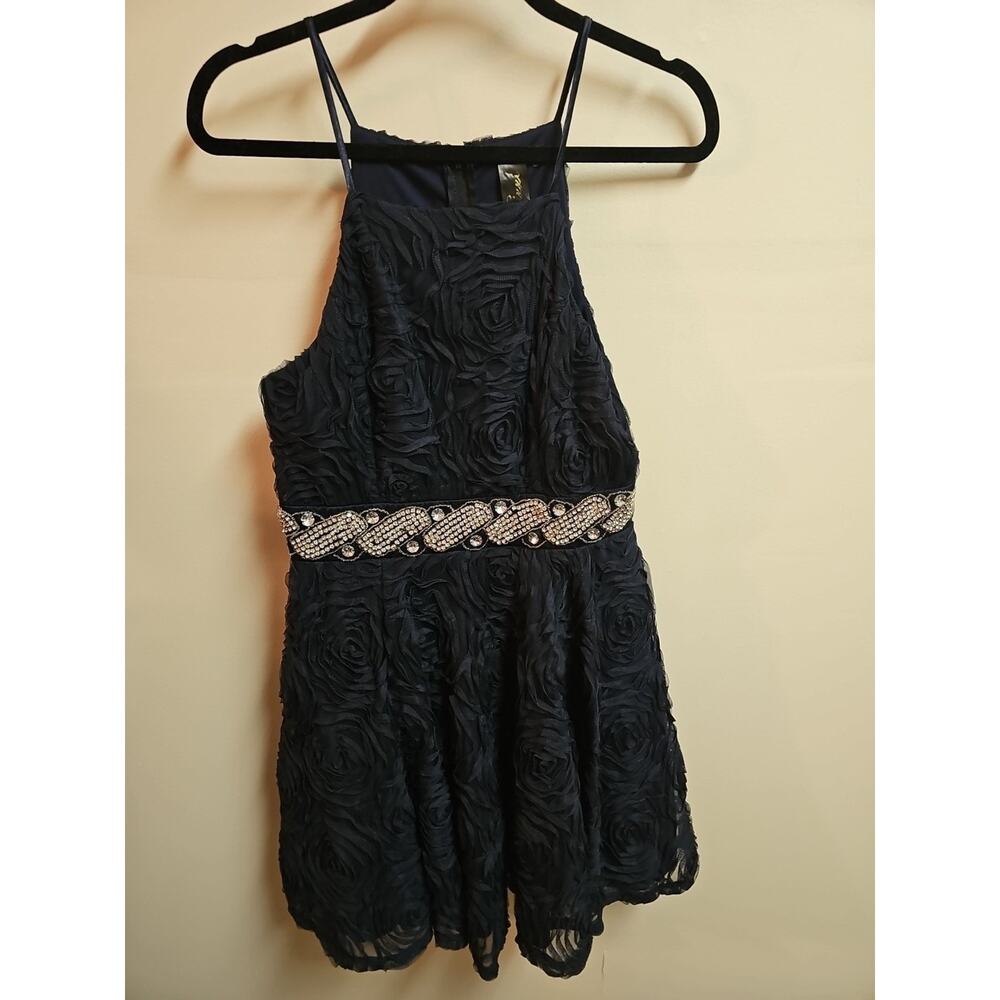 Trixxi Dark Navy Blue Floral Lace & Rhinestone A Line Flaired Dress SZ 11